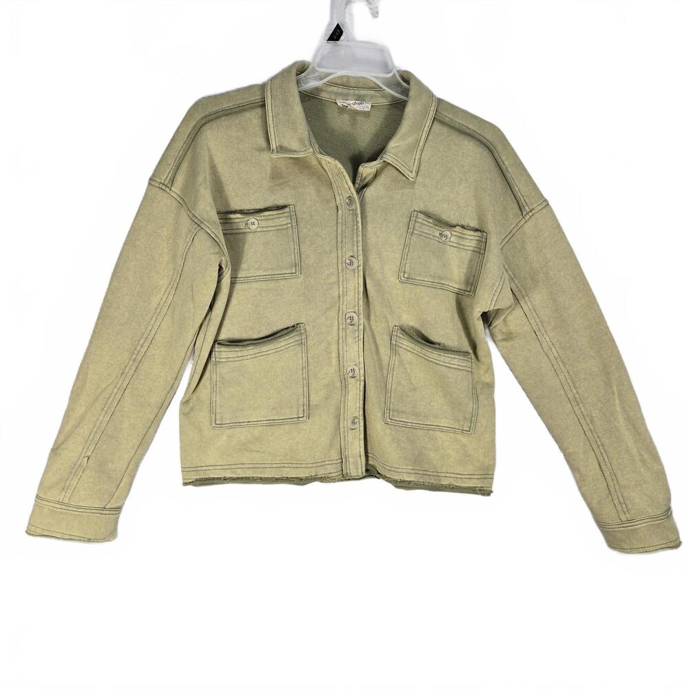 Mystree Sage Green Mineral Wash Shacket Button Up Utility Jacket Women's Large